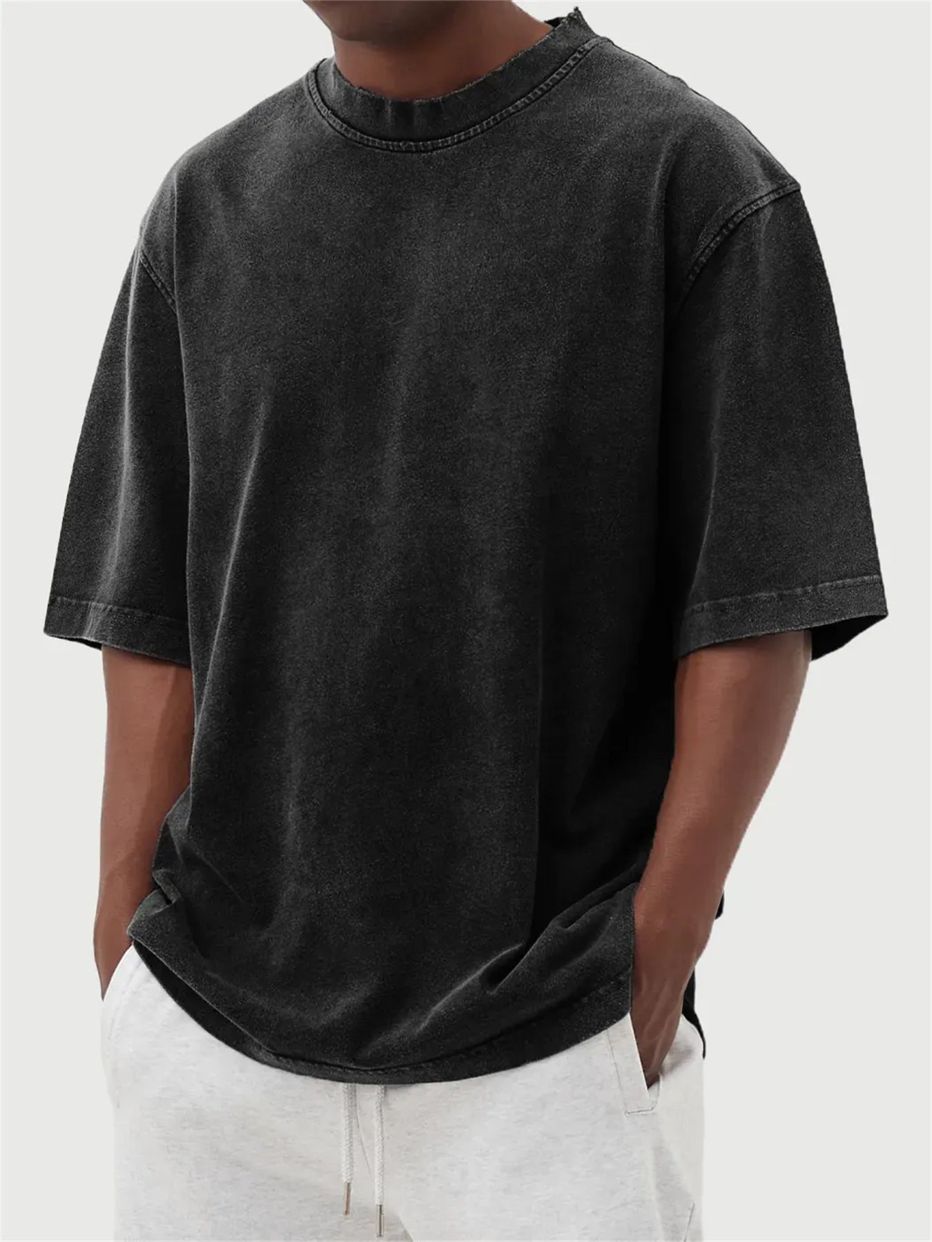 Men's Washed Fried Color Distressed Solid Color Pullover Short T-shirt