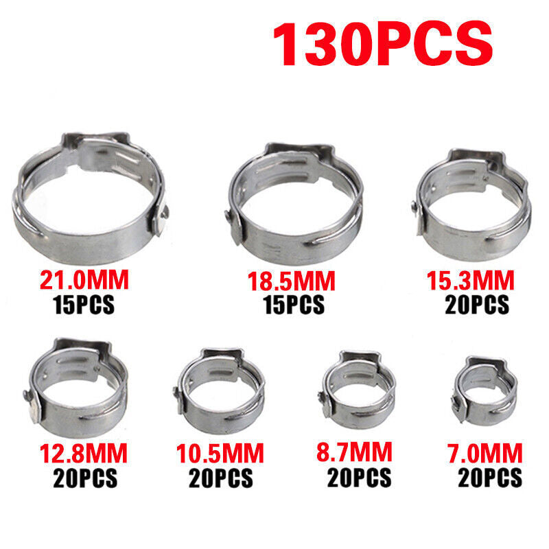 130x Single Ear Hose Clamps Assorted Stainless Steel O Fuel Pipe Clip Hose Plier