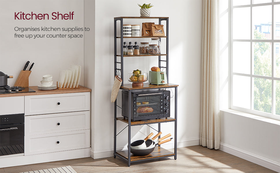 VASAGLE Kitchen Storage Rack, Coffee Bar, Baker s Rack, Total 6 Shelves and 6 Hooks, for Microwave, Steel Frame, 40 x 60 x 167cm