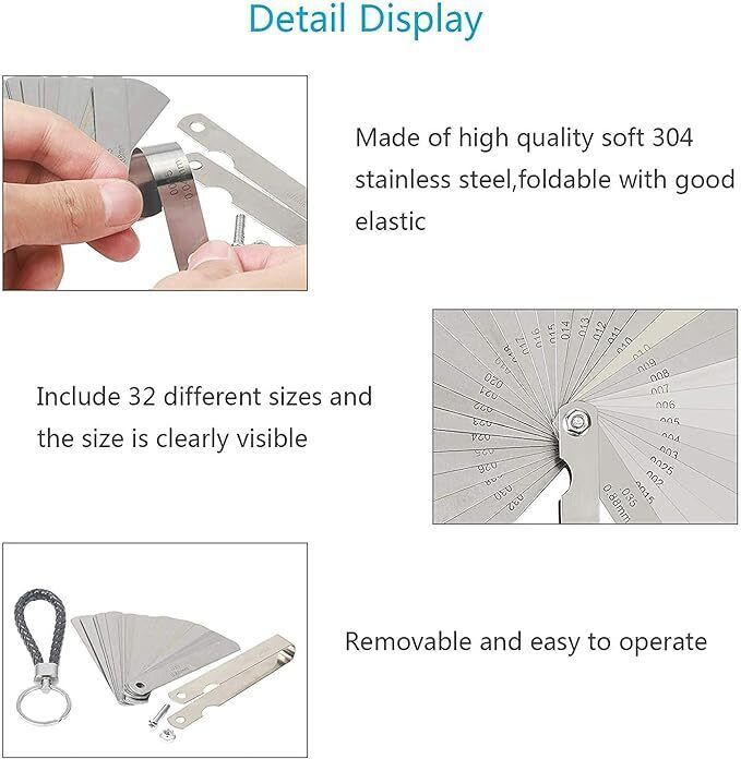 32 Blade Feeler Filler Gauge Plug Gap Metric Imperial Measuring Brass Tool