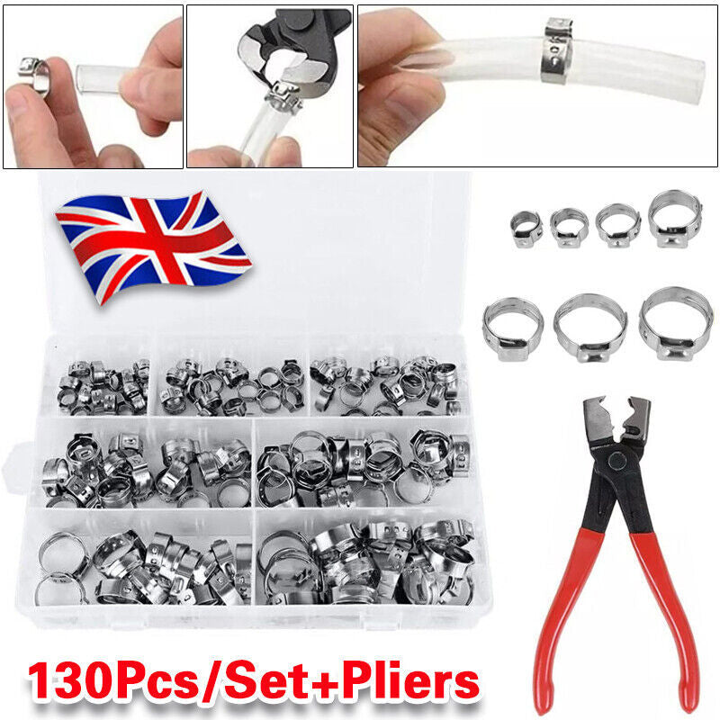 130x Single Ear Hose Clamps Assorted Stainless Steel O Fuel Pipe Clip Hose Plier