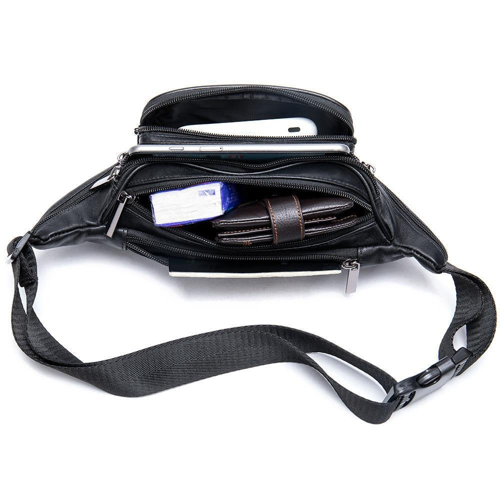 Men's sheepskin waist bag outdoor black mobile phone bag leisure sports crossbody chest bag