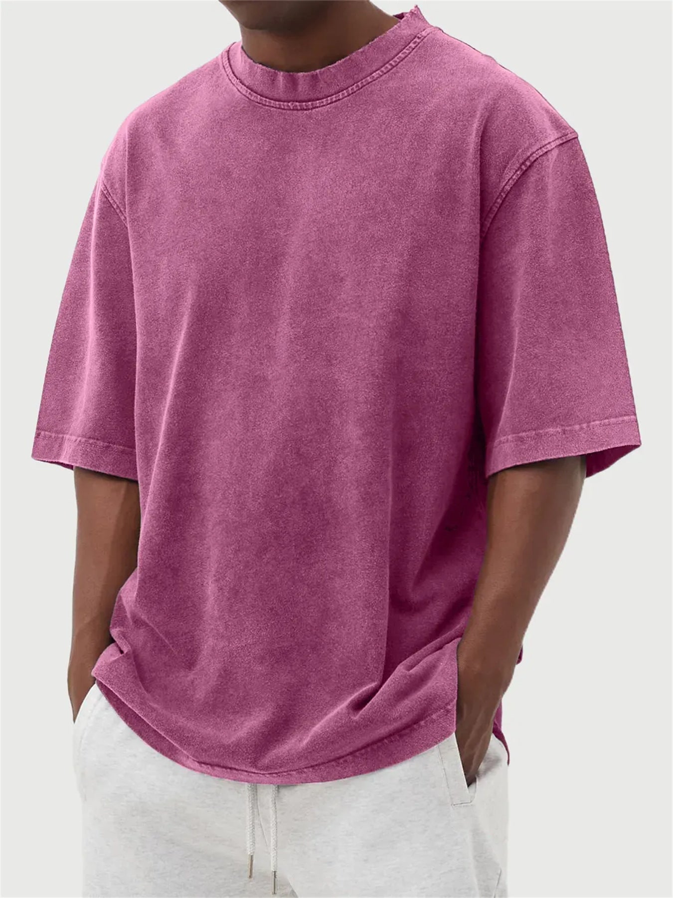 Men's Washed Fried Color Distressed Solid Color Pullover Short T-shirt