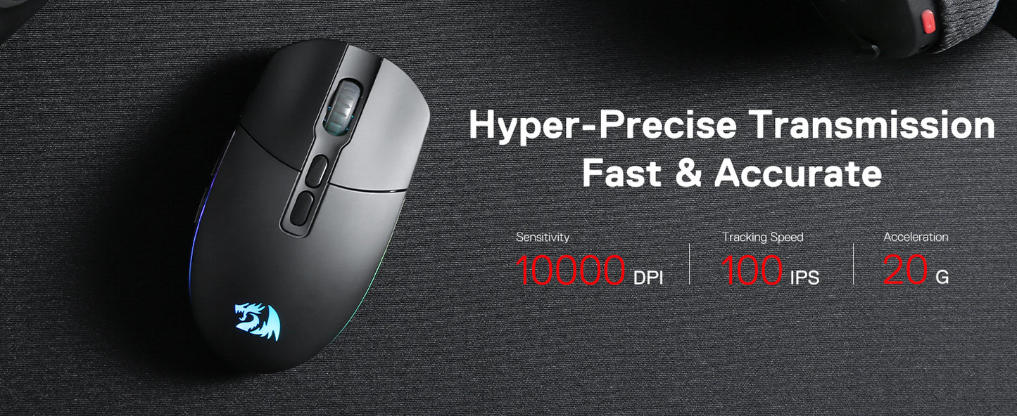 Redragon M719 Pro Wireless Optical Gaming Mouse, 8 Programmable Buttons, RGB 10,000 DPI, Ergonomic PC Computer Gaming Mice