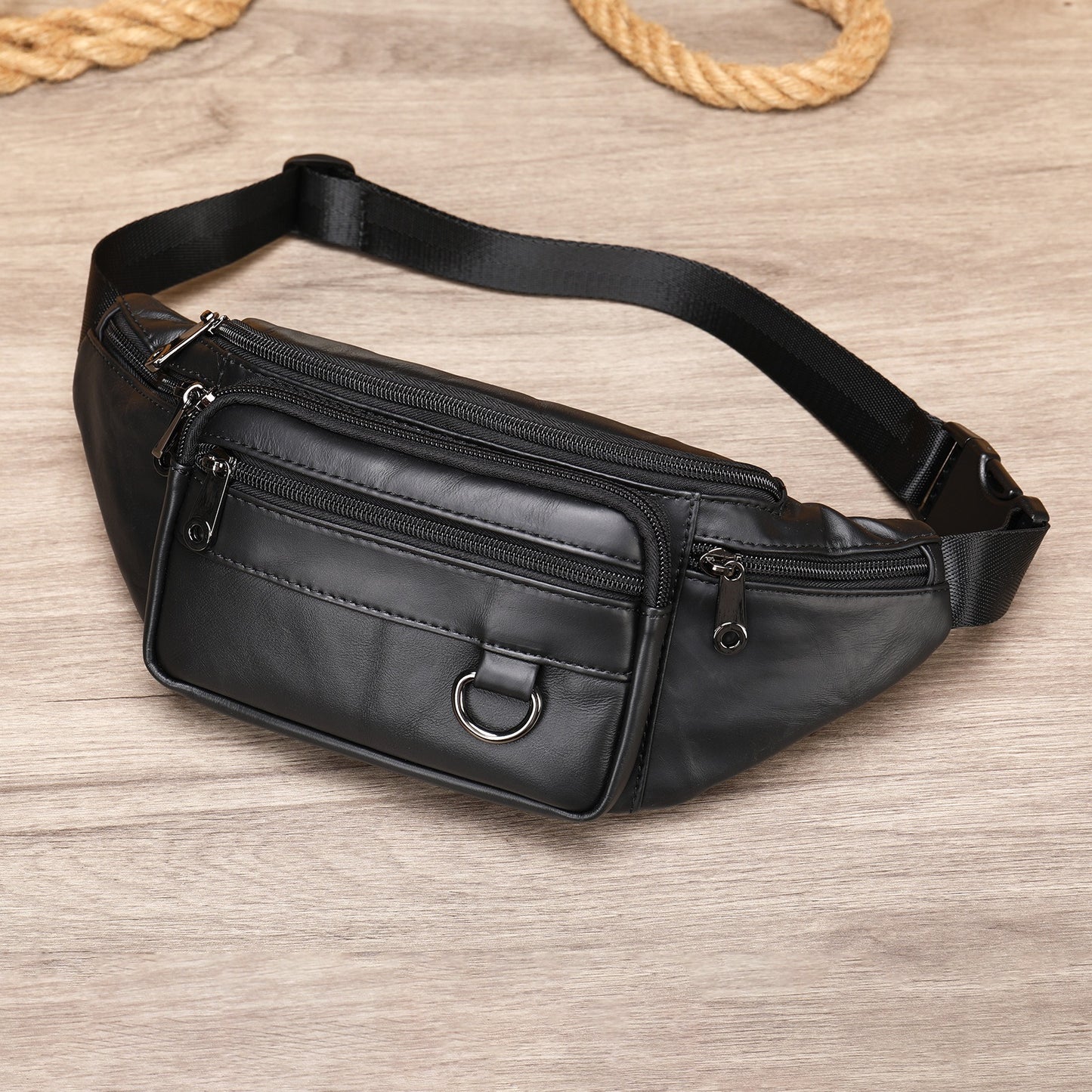 Men's sheepskin waist bag outdoor black mobile phone bag leisure sports crossbody chest bag