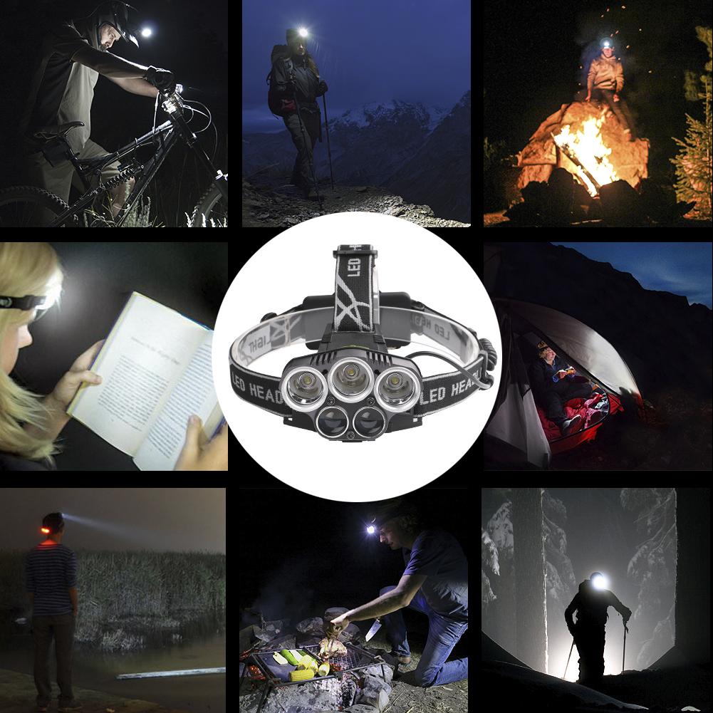 LED Headlamp 5 CREE XM-L T6 15000 lumens LED USB Camping Hike Emergency Light