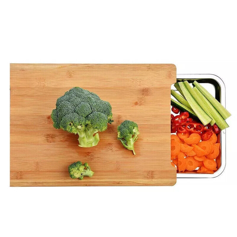 Bamboo Wooden Chopping Board Cutting Slicing Sliding Stainless Steel Tray