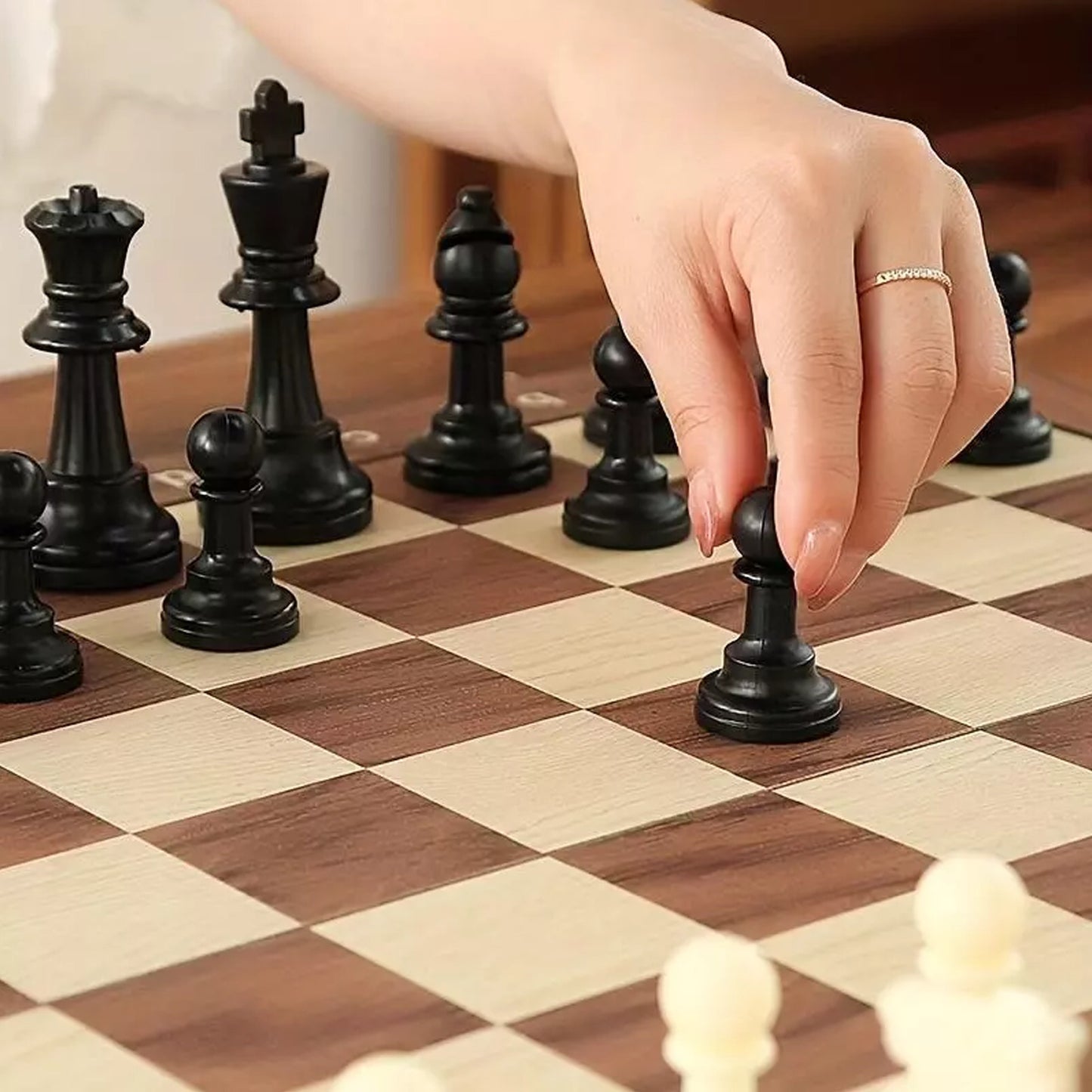 3 In 1 Wooden Chess Set Folding Chess Pieces Wooden Chess Board Family Toy