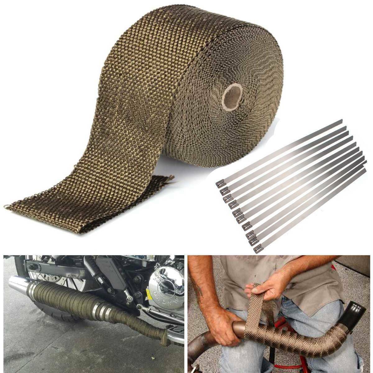 10M Titanium Gold Heat Wrap Tape Exhaust Insulating Downpipe Manifold 10 Ties