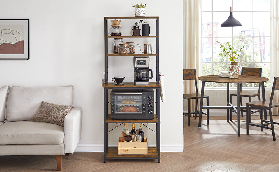 VASAGLE Kitchen Storage Rack, Coffee Bar, Baker s Rack, Total 6 Shelves and 6 Hooks, for Microwave, Steel Frame, 40 x 60 x 167cm