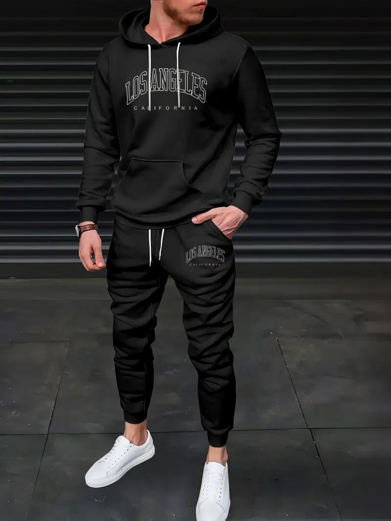 Fleece-lined Letter Print Tracksuit set Sweatshirt And Sweatpants Men