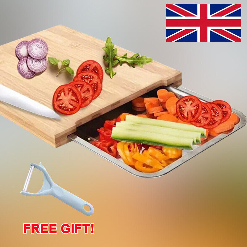 Bamboo Wooden Chopping Board Cutting Slicing Sliding Stainless Steel Tray