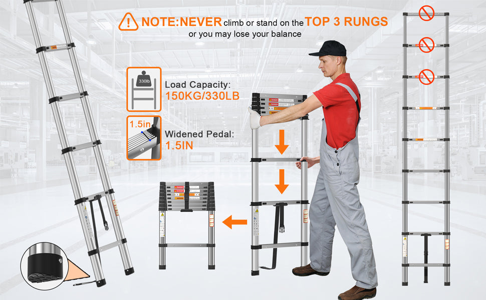 New 3.2M Telescoping Ladder, 10.5ft Stainless Steel Extension Anti-Slip Rubber Feet Portable Multi-Purpose Collapsible Ladder