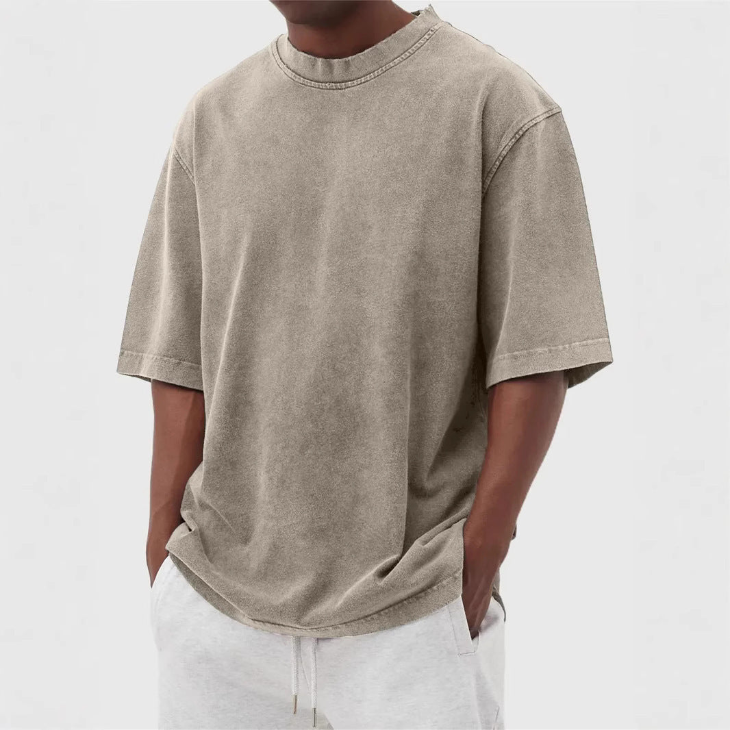 Men's Washed Fried Color Distressed Solid Color Pullover Short T-shirt