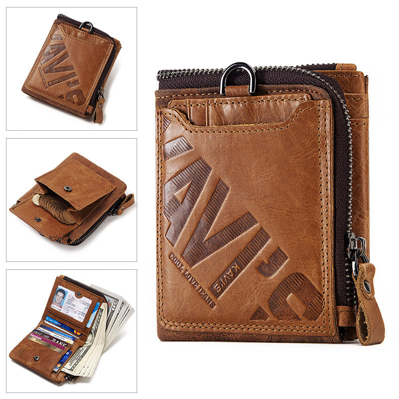 Genuine Cowhide Men's Short Wallet Fashion Casual Zipper Wallet Open Multifunctional