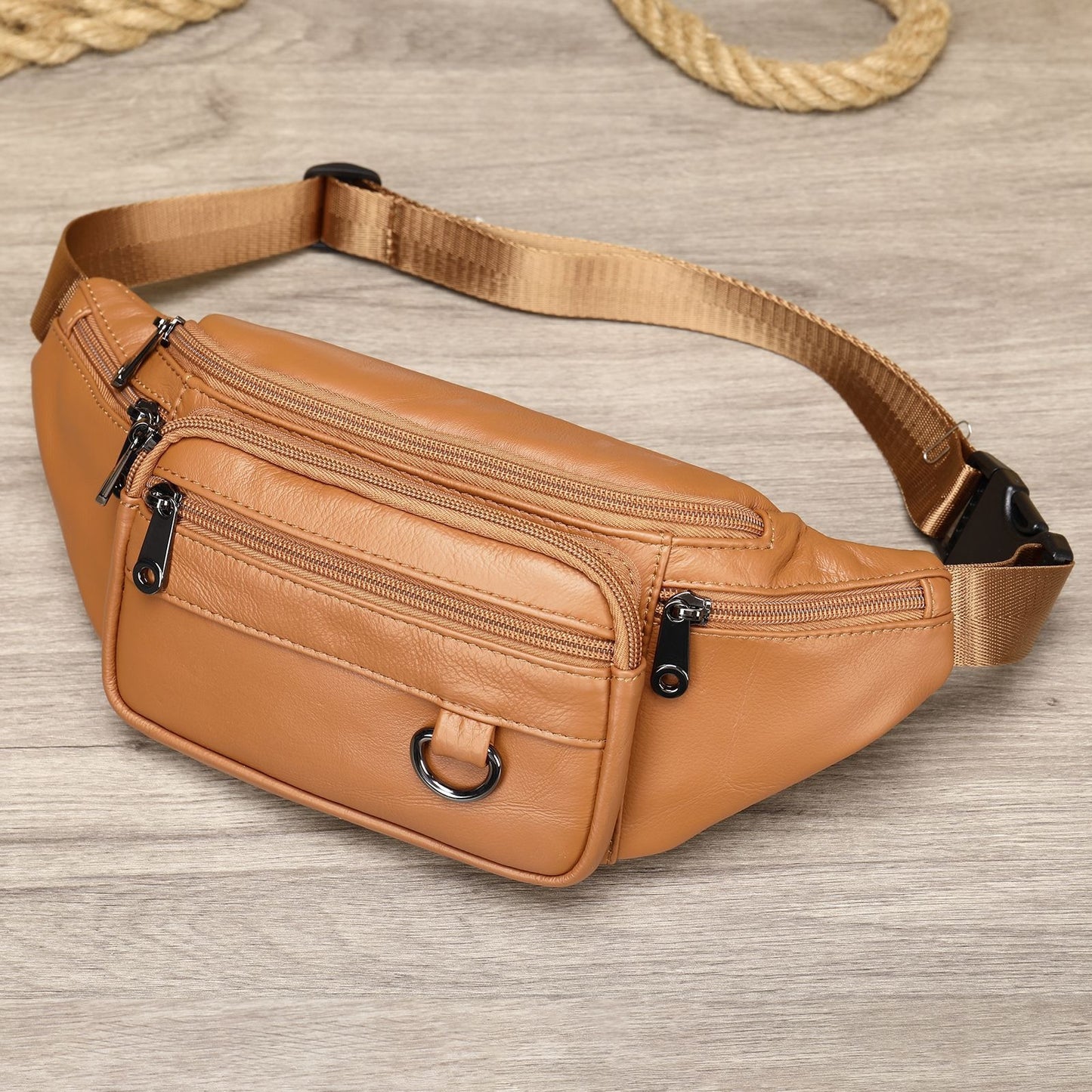 Men's sheepskin waist bag outdoor black mobile phone bag leisure sports crossbody chest bag
