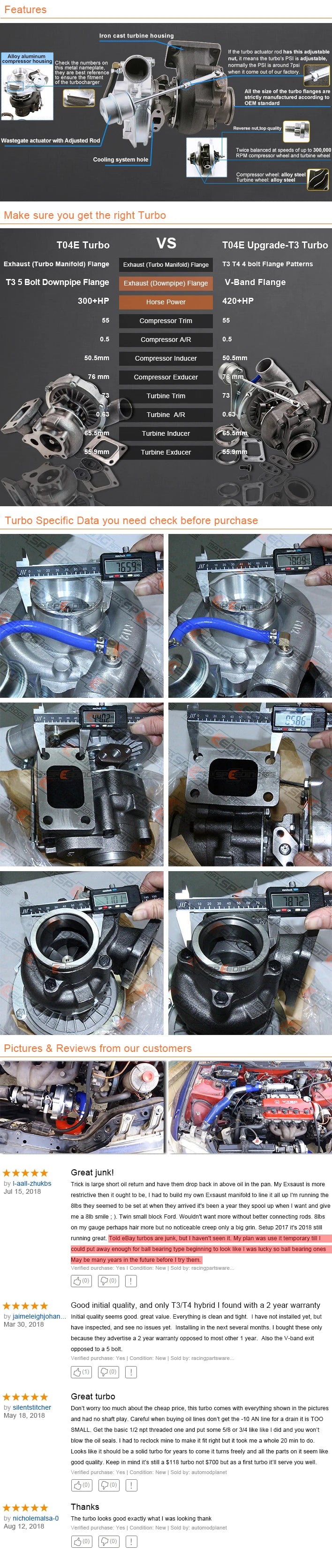 T04E T3 0.63 A/R Universal Turbocharger Compressor Turbine 420+HP V-band Flange