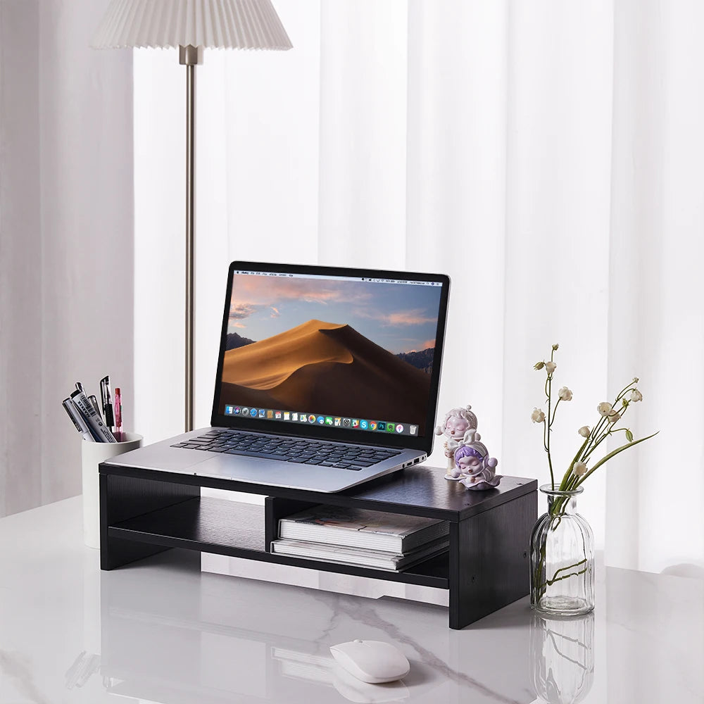 2-Tier Monitor Stand Riser with Shelf Wood Computer Stand Computer Printer Shelf for Laptop Printer PC