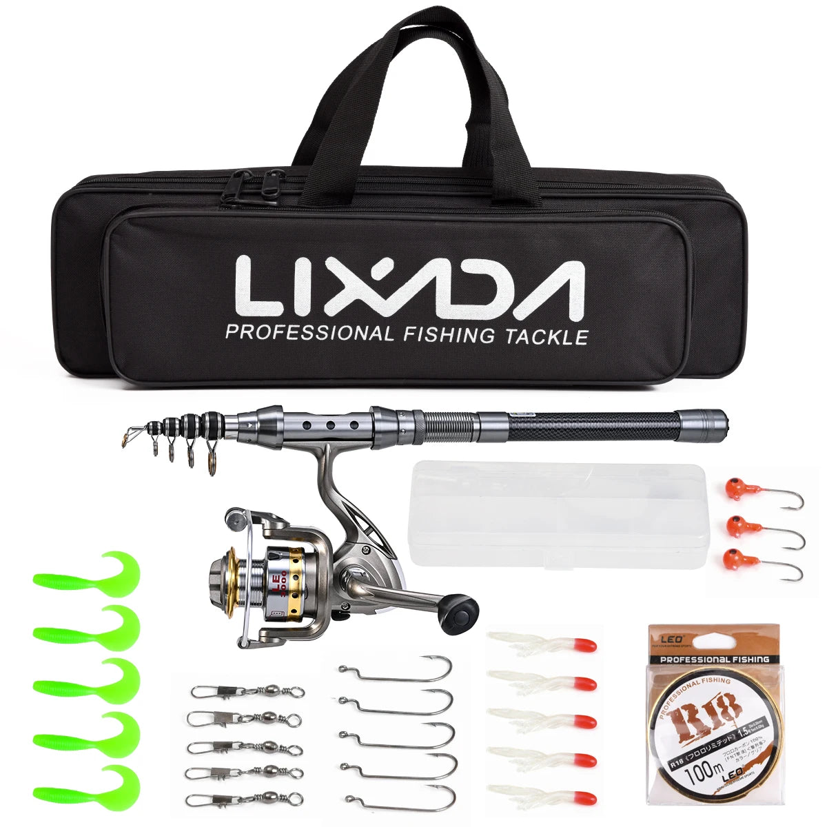 Telescopic Fishing Rod and Reel Combo Full Kit Organizer Pole Set with Fishing Line Lures Hooks Jig Head Fishing Carrier Bag