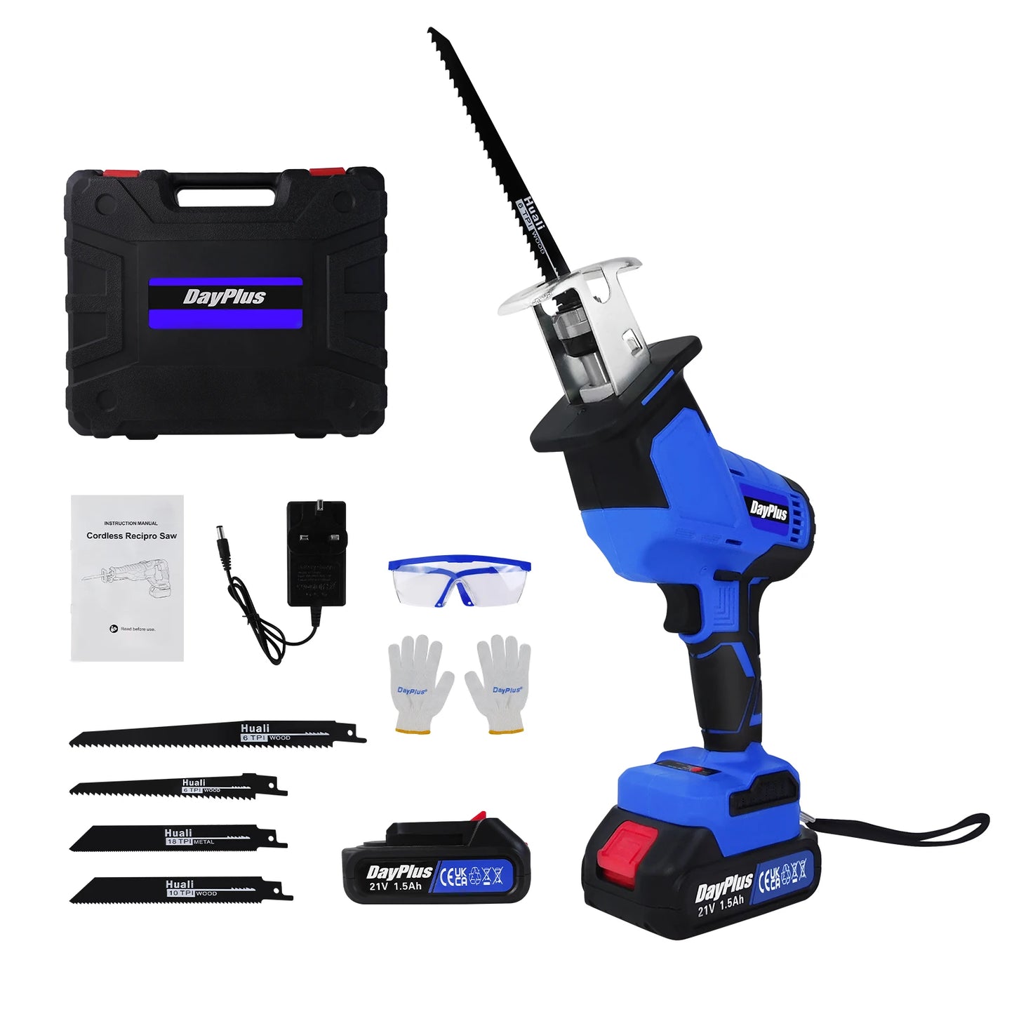 DayPlus Brushless Reciprocating Saw 21V Electric Cordless Reciprocating Saw for Cutting Wood and metal With Battery & 4 Saw Blades