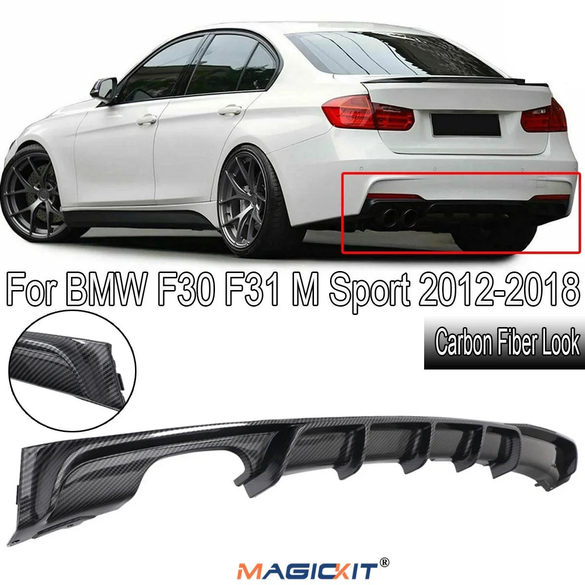 MagicKit Carbon Fiber Look Rear Diffuser For BMW F30 F31 320i 325i 328i 335i MTECH M Sport Bumper 320i 328i 2012-2019