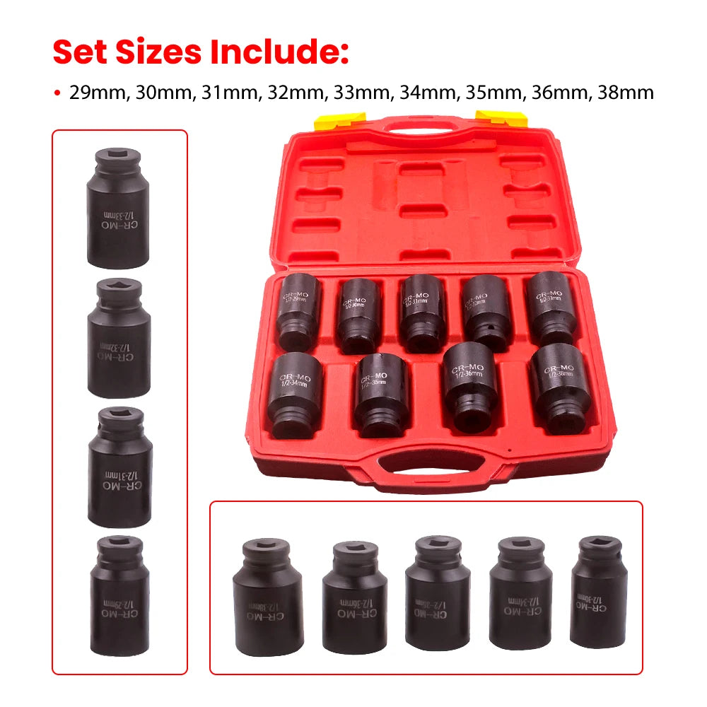 9X Deep Impact Socket Set 1/2" Drive Metric Axle Hub Nut Socket 29-32-38mm
