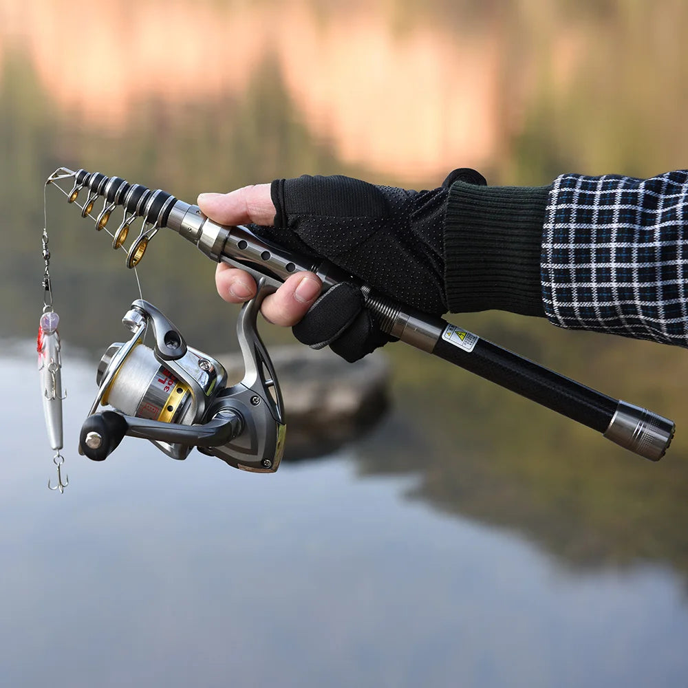Telescopic Fishing Rod and Reel Combo Full Kit Organizer Pole Set with Fishing Line Lures Hooks Jig Head Fishing Carrier Bag