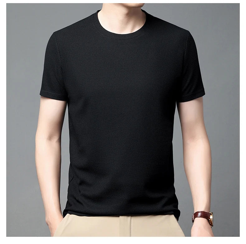 Short sleeved Polo Waffle Pattern men's round neck top cotton daily short sleeved T-shirt