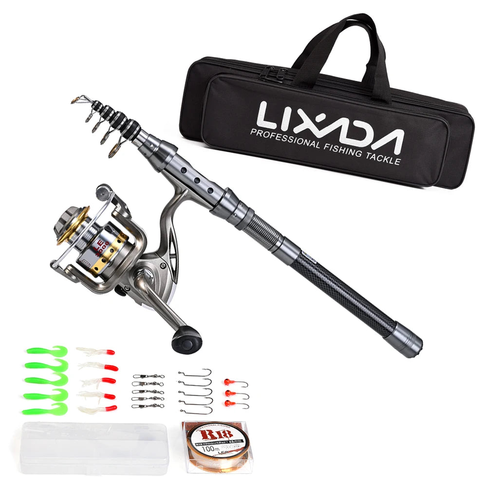 Telescopic Fishing Rod and Reel Combo Full Kit Organizer Pole Set with Fishing Line Lures Hooks Jig Head Fishing Carrier Bag