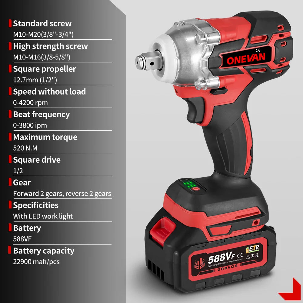 ONEVAN 1/2inch 520N.M Brushless Electric Wrench Cordless Torque Impact Wrench Car Repair Power Tool Set for 21V 18V Battery