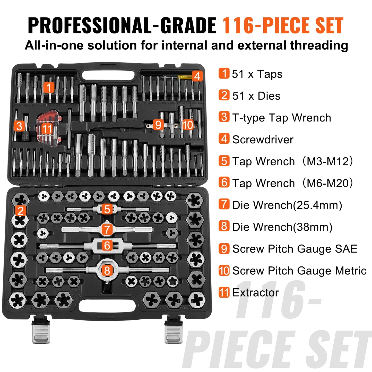 VEVOR 116-Piece Tap and Die Set Include Metric and SAE Size Bearing Steel Taps and Dies Essential Threading Tool