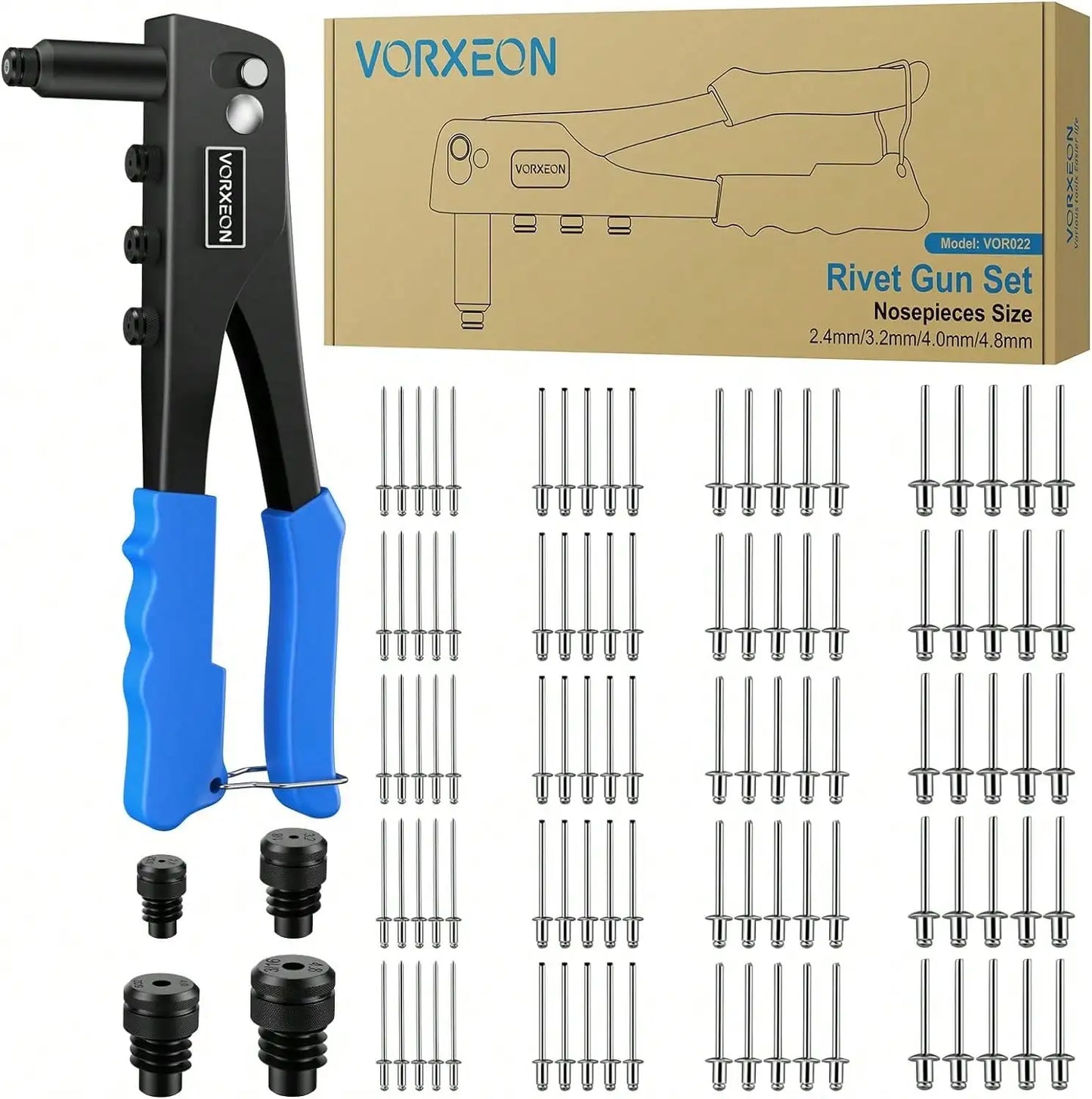 Heavy Duty Rivet Gun Hand Riveter Tool Kit Professional Pop Rivet Gun with 4 Nosepieces 100Pcs Rivets for Furniture Trailer Boat