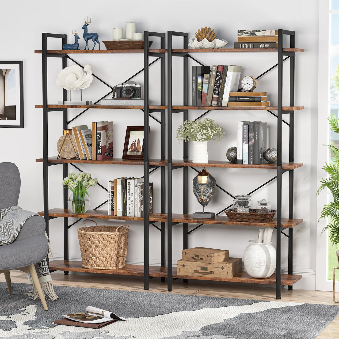 Tribesigns Industrial Bookshelf, Tall Bookcase with Open Shelves, Wood and Metal Display Shelf Storage Shelves