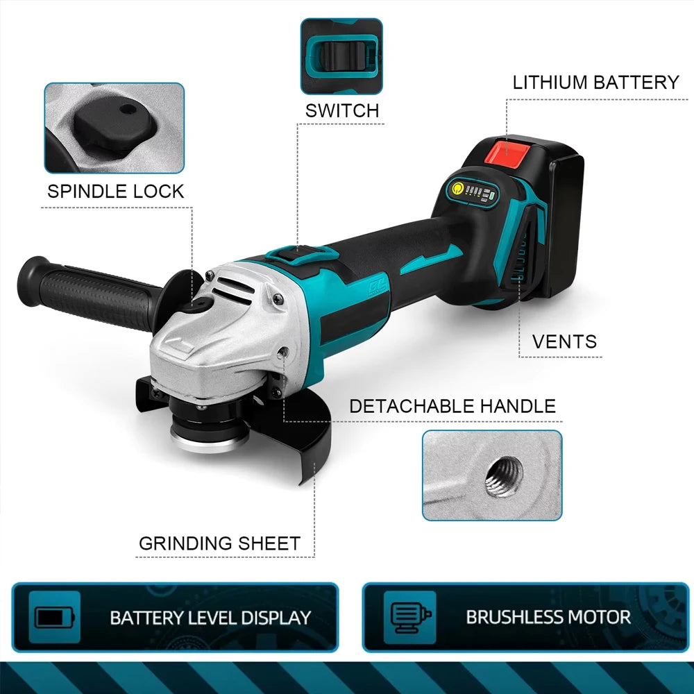125MM Brushless Electric Angle Grinder Variable Speed M14 Cutting Power Tool for Makita 18v Battery