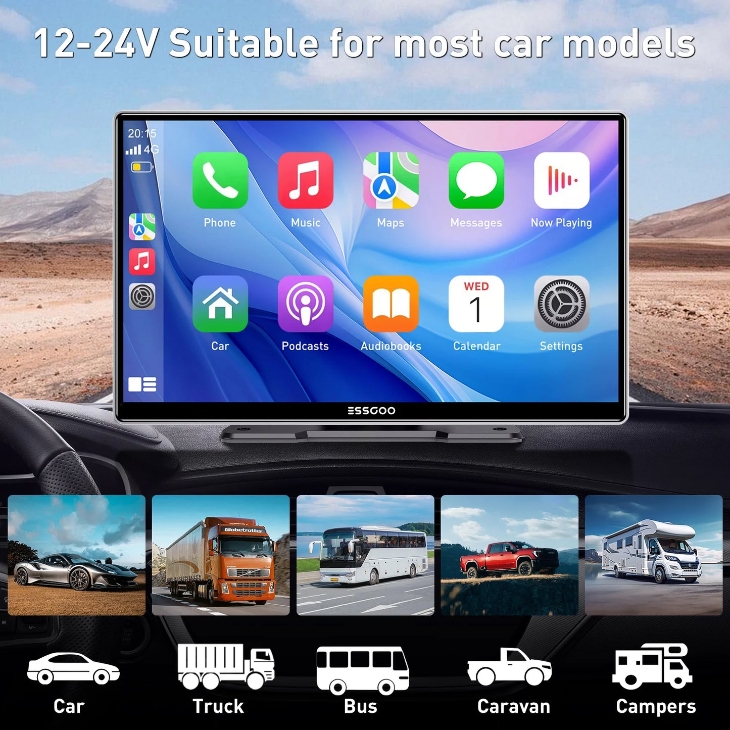 ESSGOO 9 Inch Touch Screen Portable Car Stereo Radio Wireless Apple Carplay Android Auto USB TF Bluetooth Mirror Link