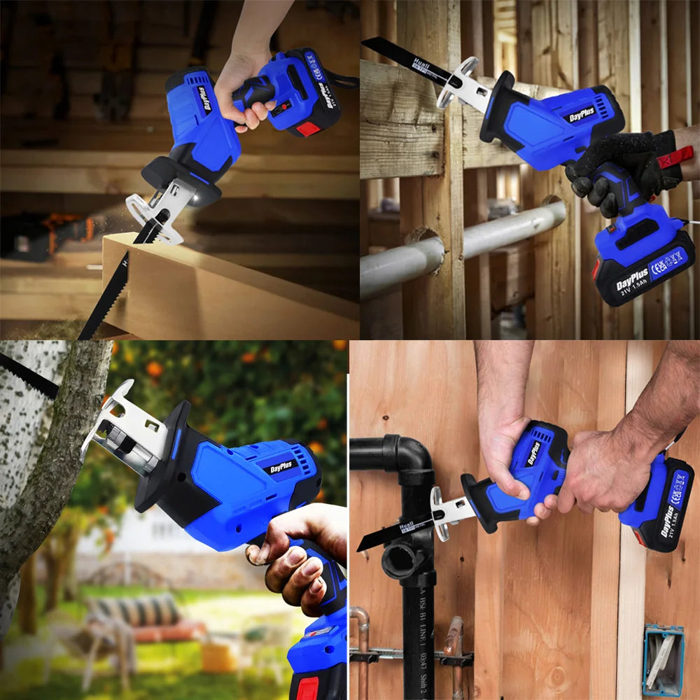 DayPlus Brushless Reciprocating Saw 21V Electric Cordless Reciprocating Saw for Cutting Wood and metal With Battery & 4 Saw Blades