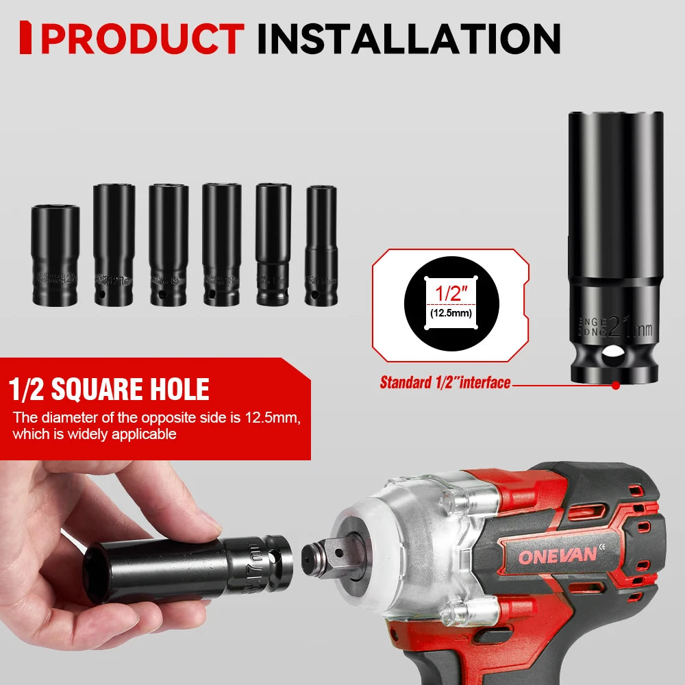 ONEVAN 1/2inch 520N.M Brushless Electric Wrench Cordless Torque Impact Wrench Car Repair Power Tool Set for 21V 18V Battery
