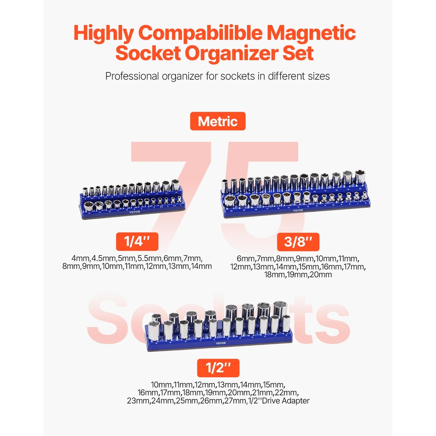 VEVOR 3PCS Metric Magnetic Socket Organizer Set 1/4'' 3/8'' & 1/2'' Socket Trays Hold up to 75PCS Standard & Deep Sockets