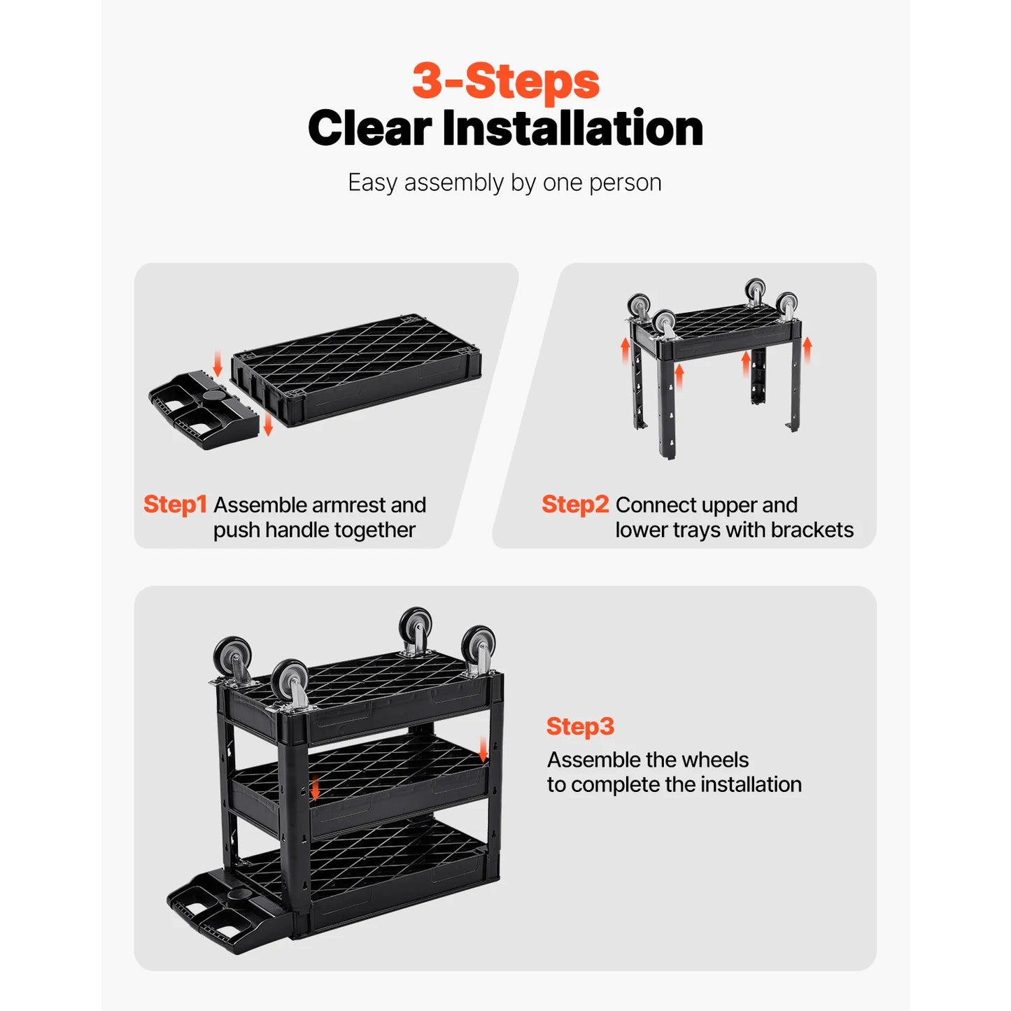VEVOR 2/3 Shelf Utility Service Cart Heavy Duty with 360° Swivel Wheels Ergonomic Storage Handle for Warehouse/Garage/Cleaning