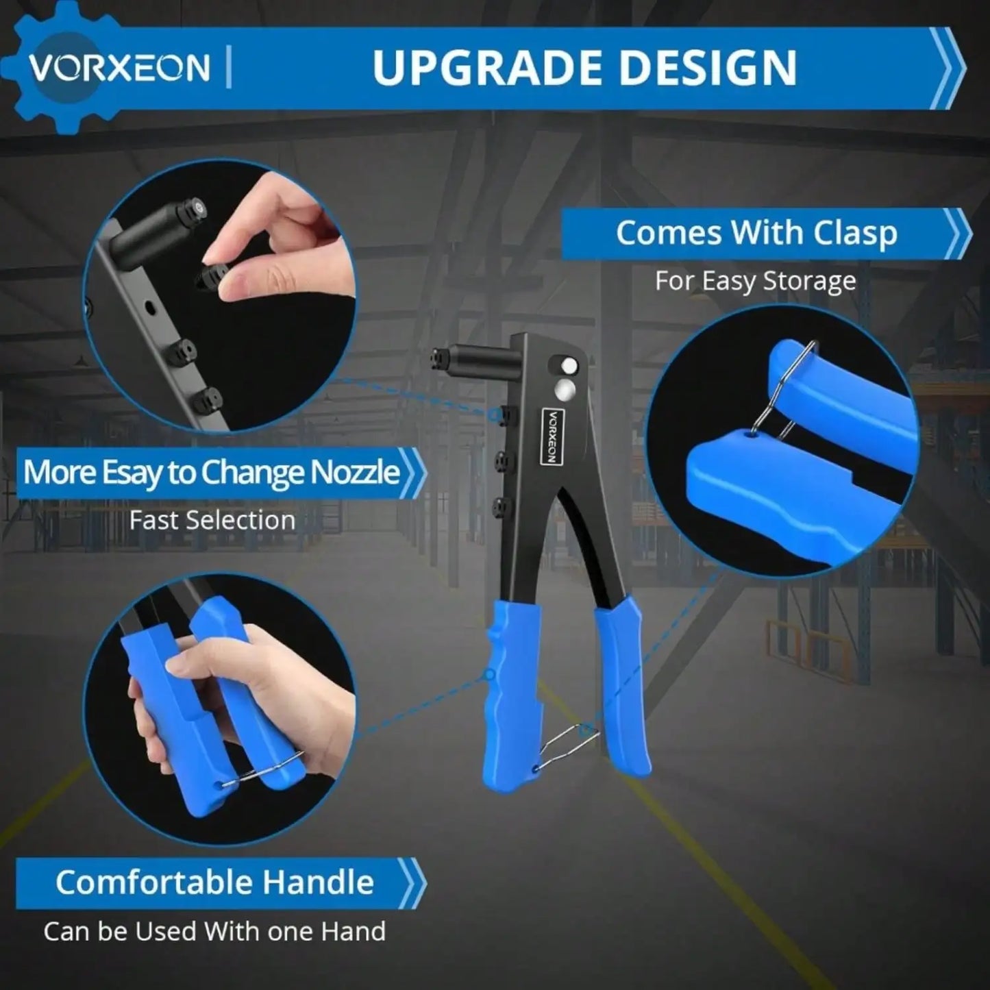Heavy Duty Rivet Gun Hand Riveter Tool Kit Professional Pop Rivet Gun with 4 Nosepieces 100Pcs Rivets for Furniture Trailer Boat