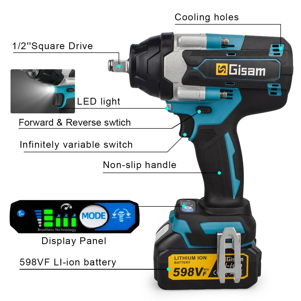 Gisam Torque Brushless Electric Impact Wrench 1/2 inch Impact Gun Cordless Wrench Power Tool For Makita 18V Battery Pin