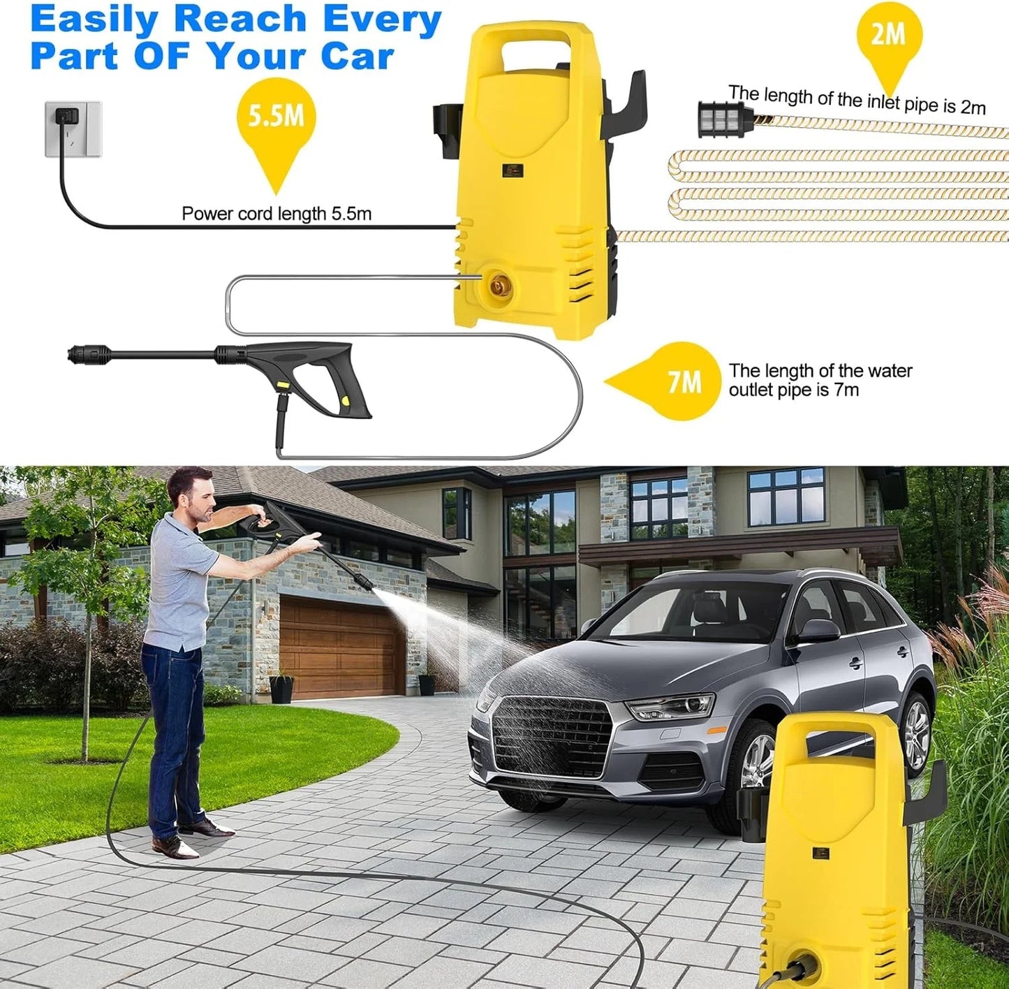 BRIEFNESS Car Wash Gun Electric High Pressure Washer Cleaning Cars with 1-180° Adjustable Nozzle and Detergent Tank