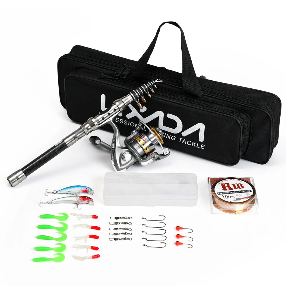 Telescopic Fishing Rod and Reel Combo Full Kit Organizer Pole Set with Fishing Line Lures Hooks Jig Head Fishing Carrier Bag
