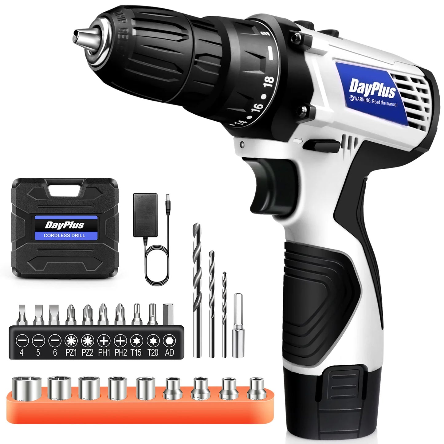 DayPlus 16.8V Mini Cordless Drill Driver Kit, 3/8" Chuck 45Nm Electric Screwdriver Driver with LED Light, 18+1 Torque, 2 Speed