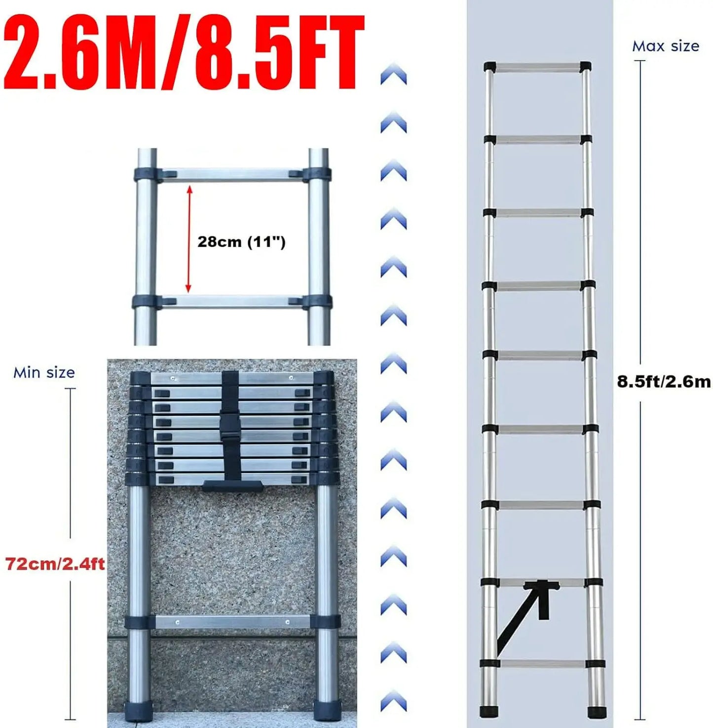 8.5FT/2.6M Multi-Purpose Folding Telescopic Ladder for Decorating Painting Indoor Outdoor,Extendable Portable Loft Ladder 150kg