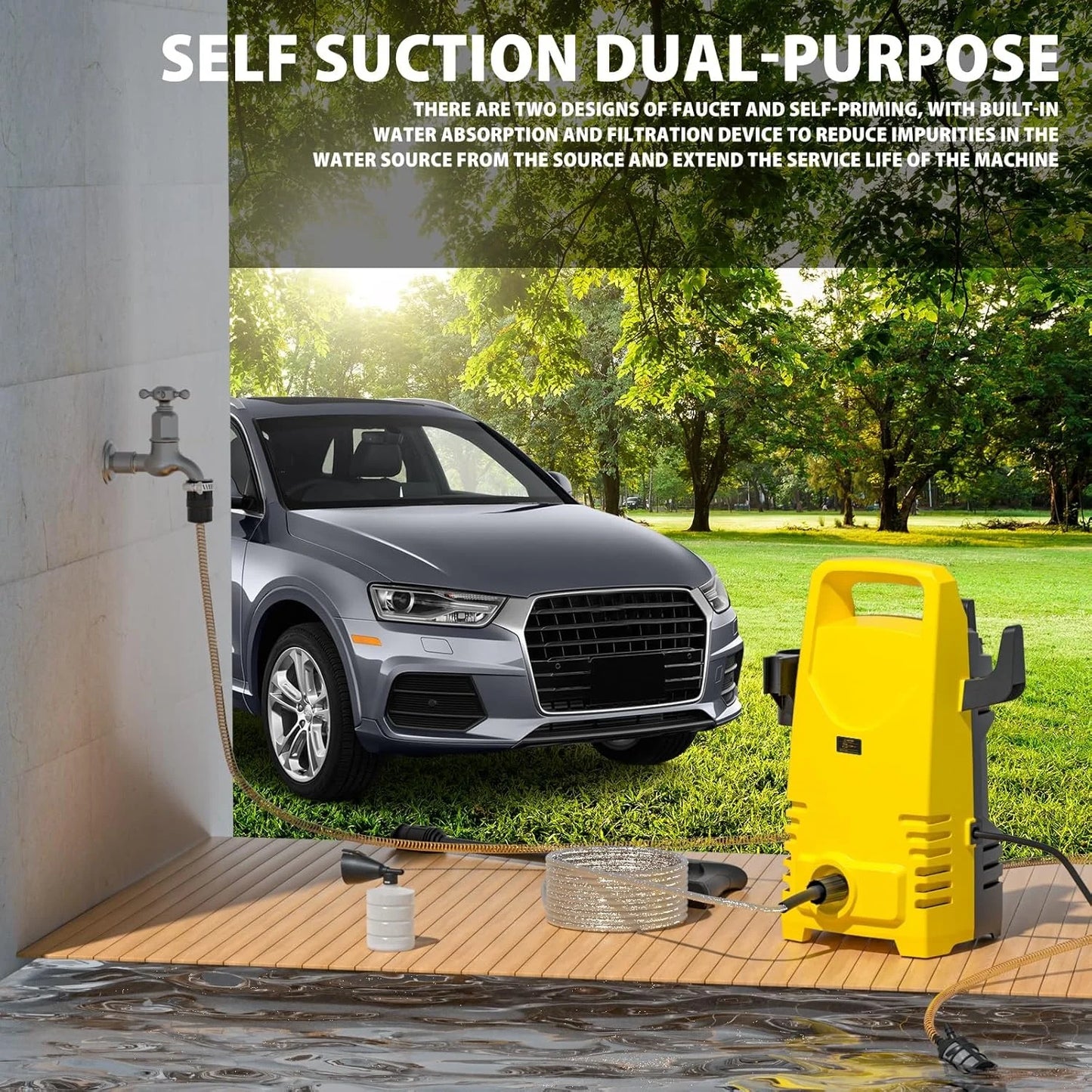 BRIEFNESS Car Wash Gun Electric High Pressure Washer Cleaning Cars with 1-180° Adjustable Nozzle and Detergent Tank
