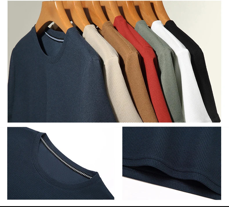 Short sleeved Polo Waffle Pattern men's round neck top cotton daily short sleeved T-shirt
