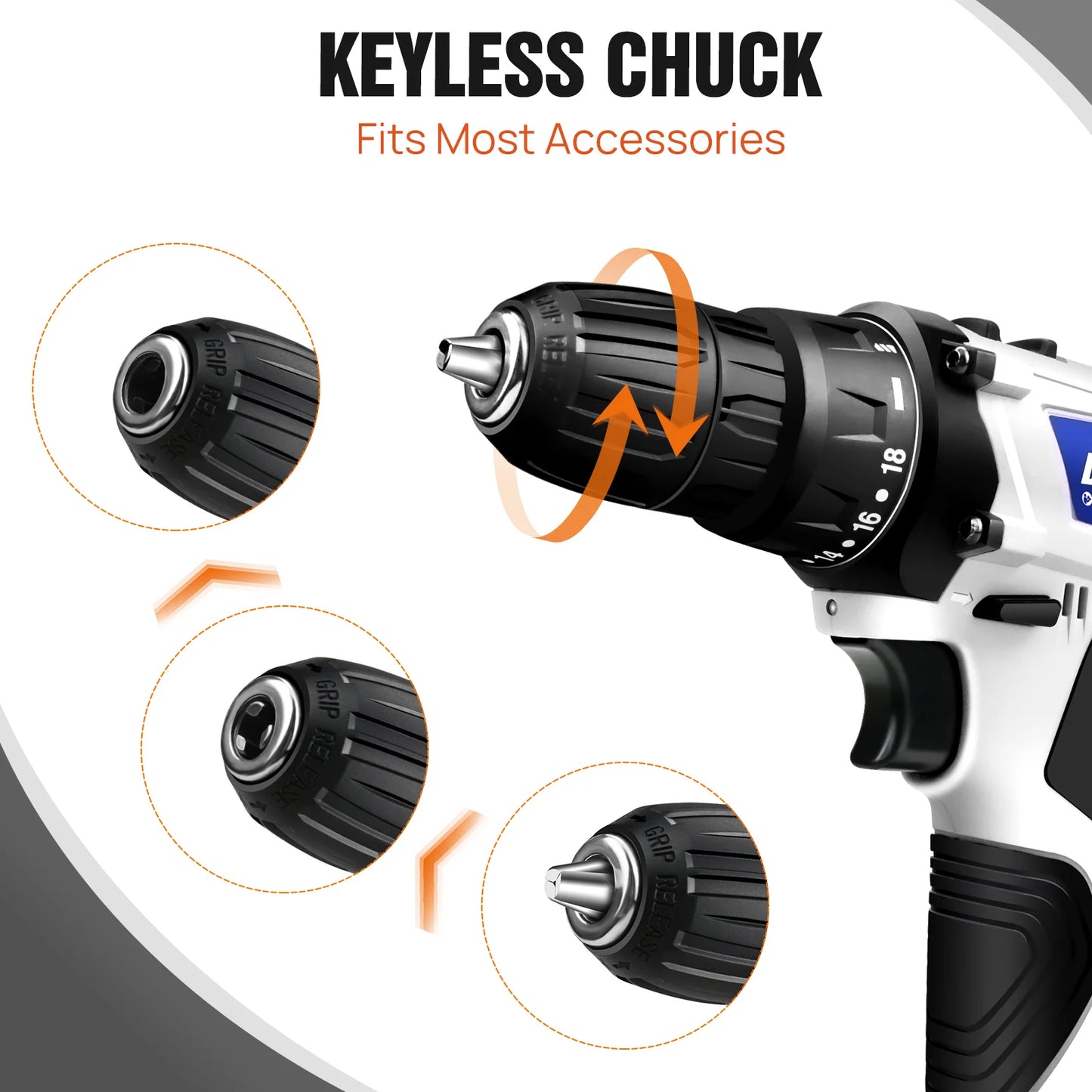 DayPlus 16.8V Mini Cordless Drill Driver Kit, 3/8" Chuck 45Nm Electric Screwdriver Driver with LED Light, 18+1 Torque, 2 Speed