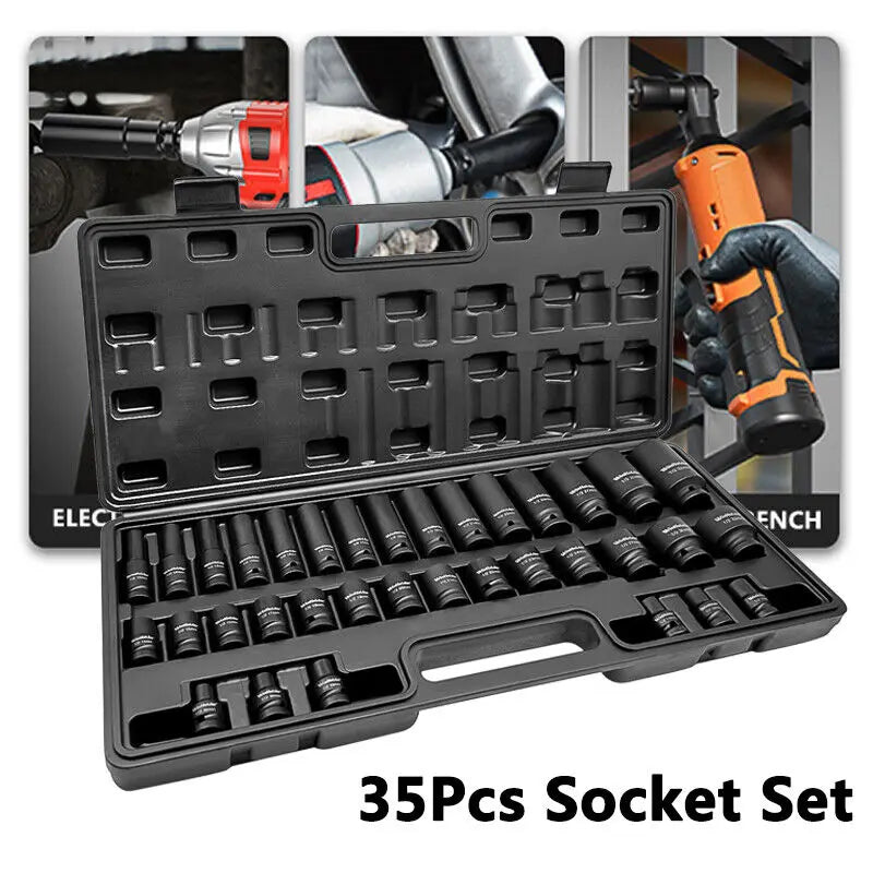 35pcs DEEP IMPACT Socket Set 1/2" Inch Drive Short + Long Reach 8-32MM Tool Kit Case