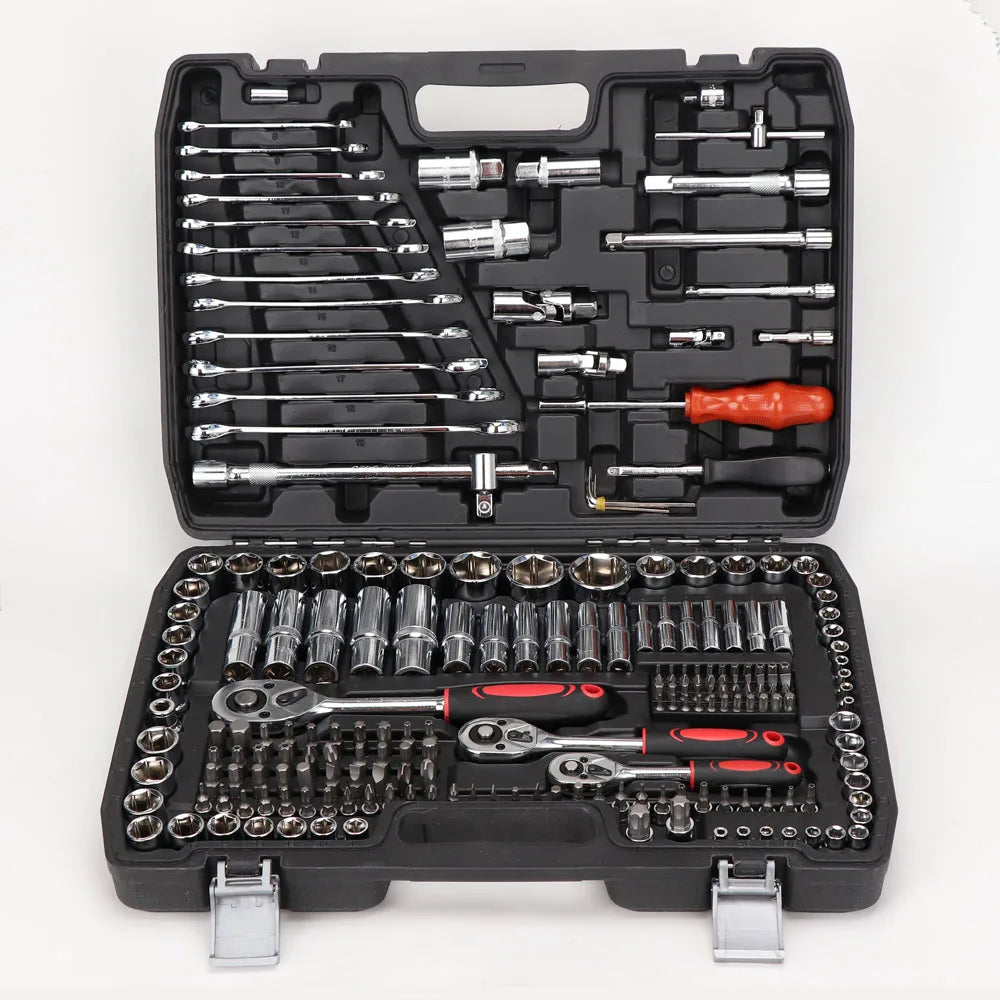 216PCS Professional Tool Box Socket Set 1/2" 1/4" 3/8" Wrench Tool Home Repair Set with Black Box